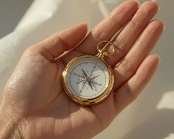 Hand houdt een gouden kompas vast in zacht zonlicht